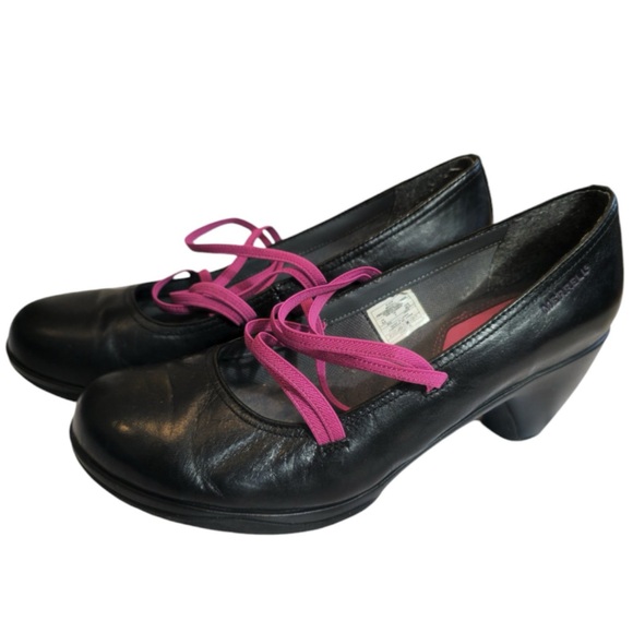 Merrell Mary Jane Evera Womens Size 9.5 Shoes Black Leather Pink Straps Heels - Picture 10 of 11